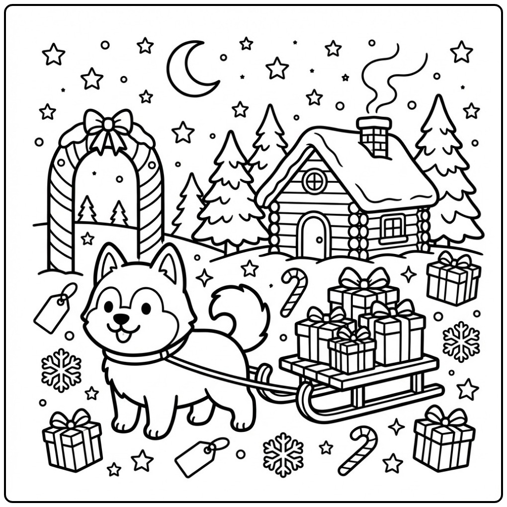 Husky Pulling a Gift Sled in the Snow coloring page