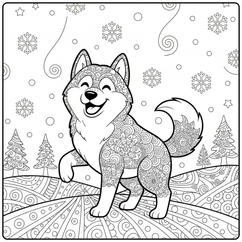 Siberian Husky Mandala Dog in a Winter Scene coloring page