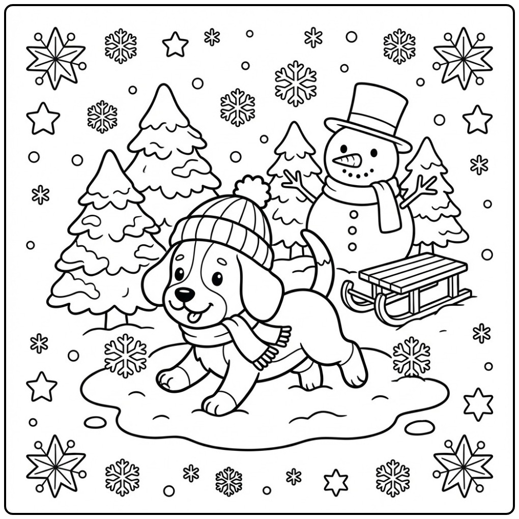 Cheerful Wintry Scene a Cute Beagle coloring page