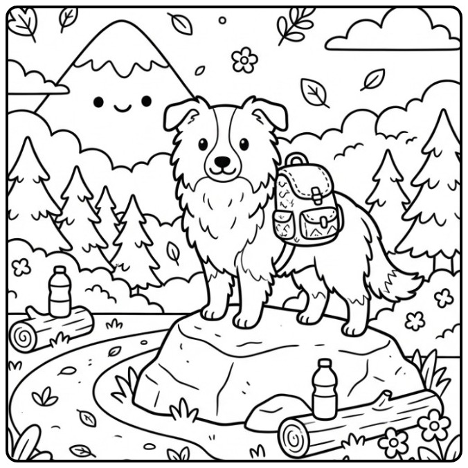 Border Collie Hiking in the Mountains coloring page