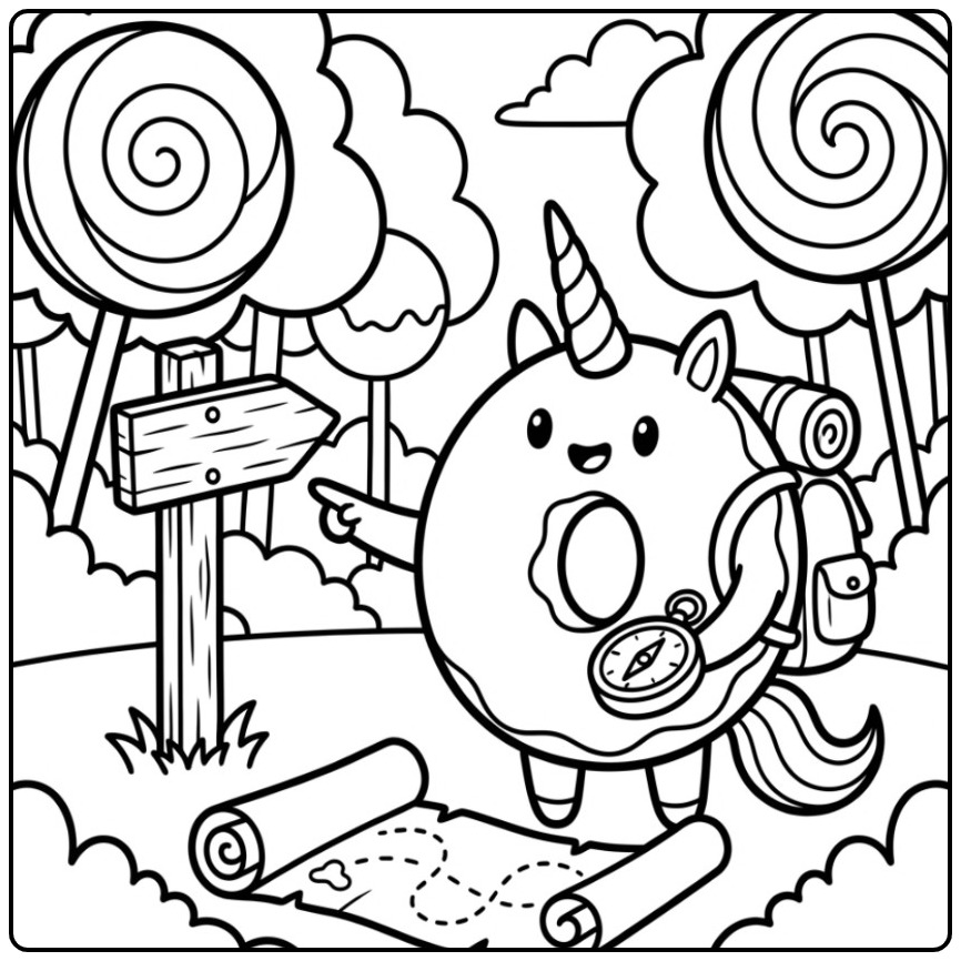 Walking Donut Unicorn in a Candy Forest coloring page