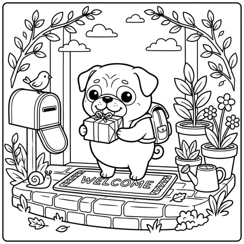 Welcome Home with This Pug and a Gift coloring page