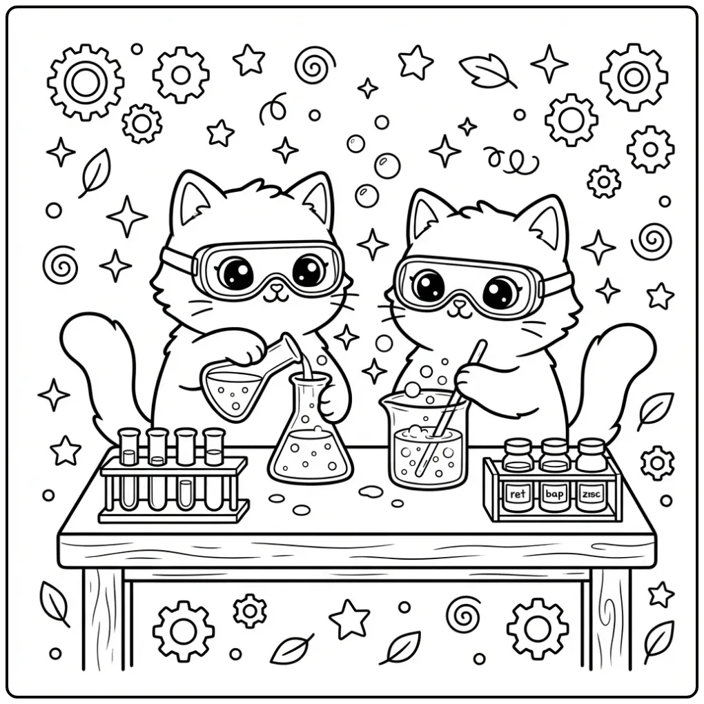Science Cats with Bubbling Drinks coloring page