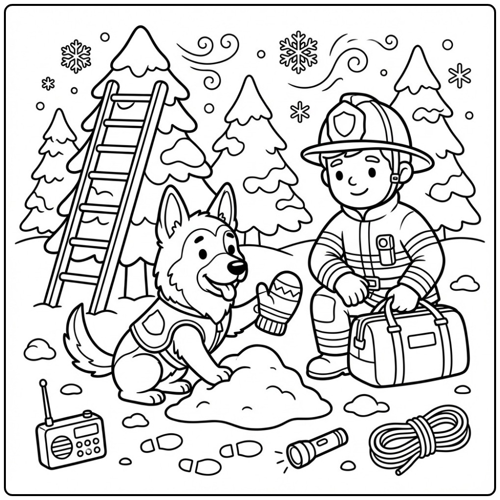 Winter Rescue with a German Shepherd and Brandweerman coloring page