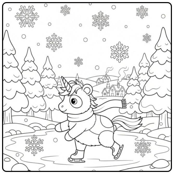 Winter Unicorn Panda Snow and Trees coloring page