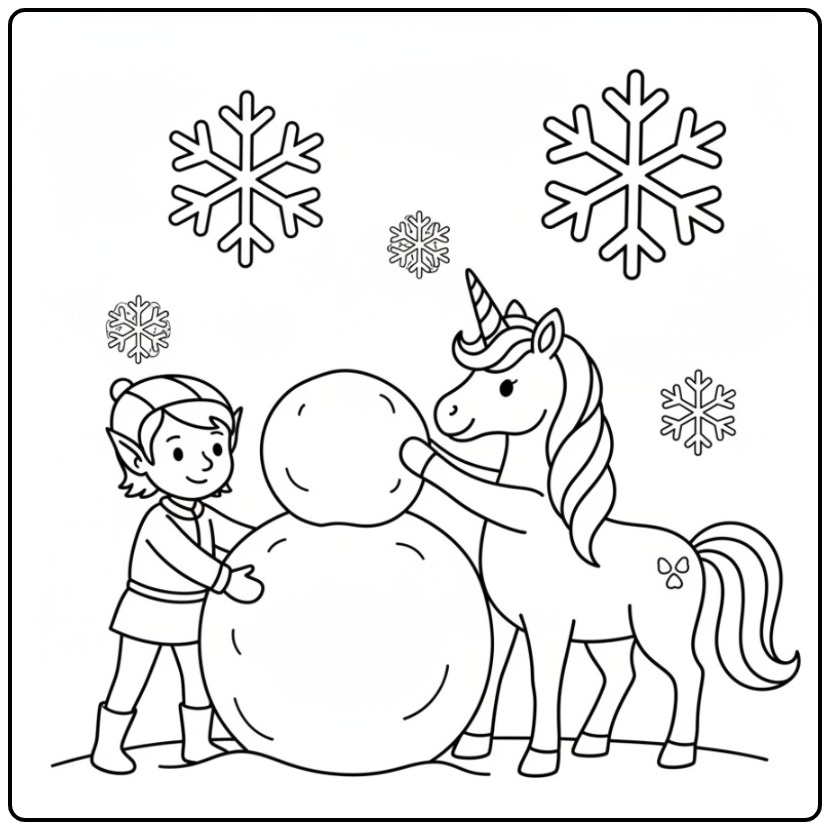 Winter Fun Fairy and Unicorn Building a Snowman coloring page