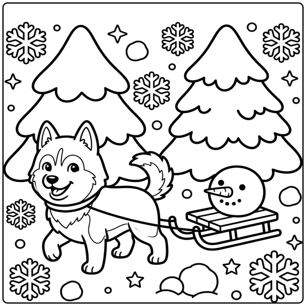 Husky Sledding with a Snowman coloring page