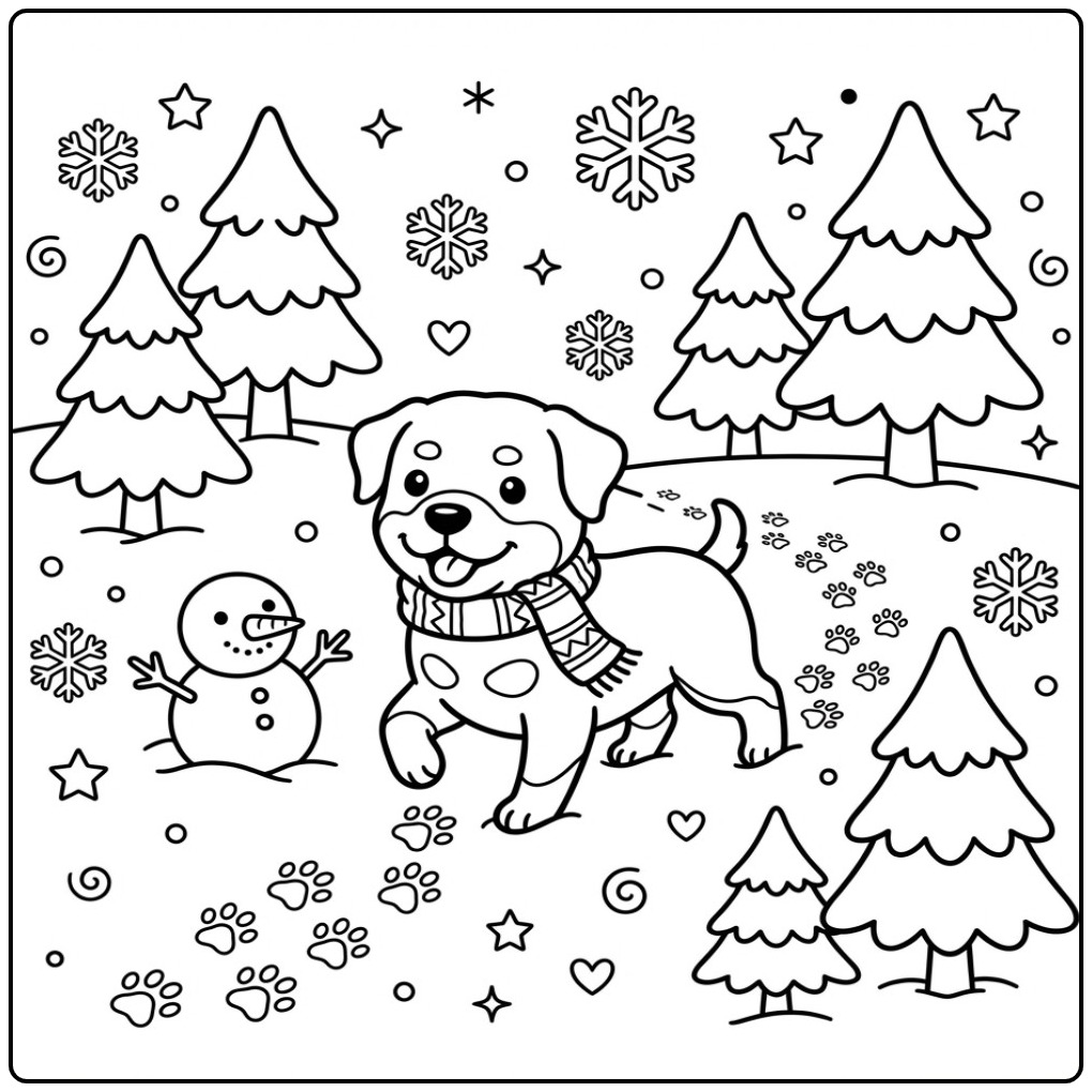 Rottweiler in a Scarf Playing in the Snow coloring page