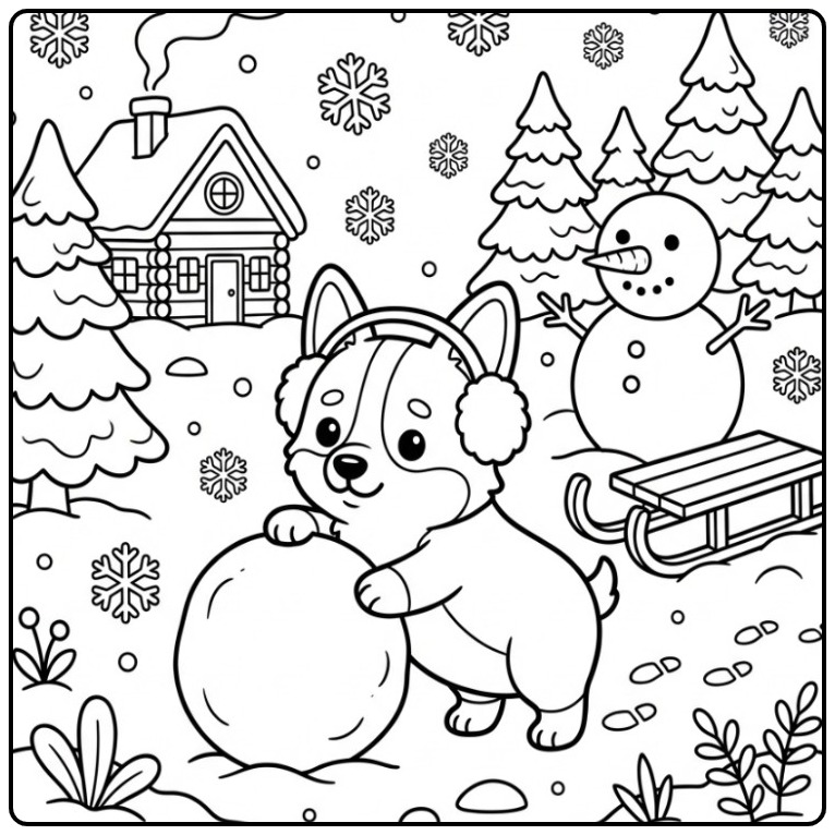 Winter Corgi Building a Snowman coloring page
