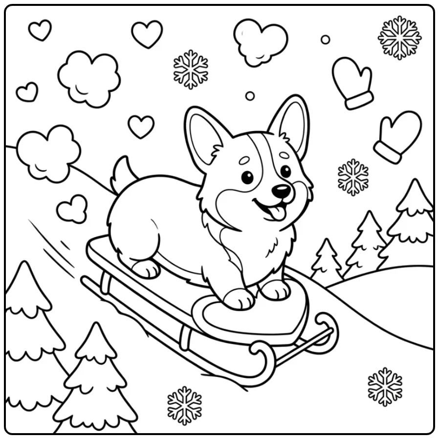 Corgi Sledding on a Heart-Themed Sled coloring page