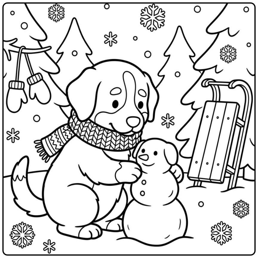 Wintry Bernese Mountain Dog with a Scarf and Sleigh coloring page