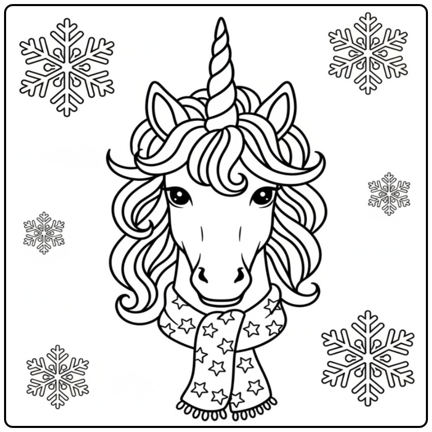 Wintry Unicorn Head with Beautiful Snowflakes coloring page
