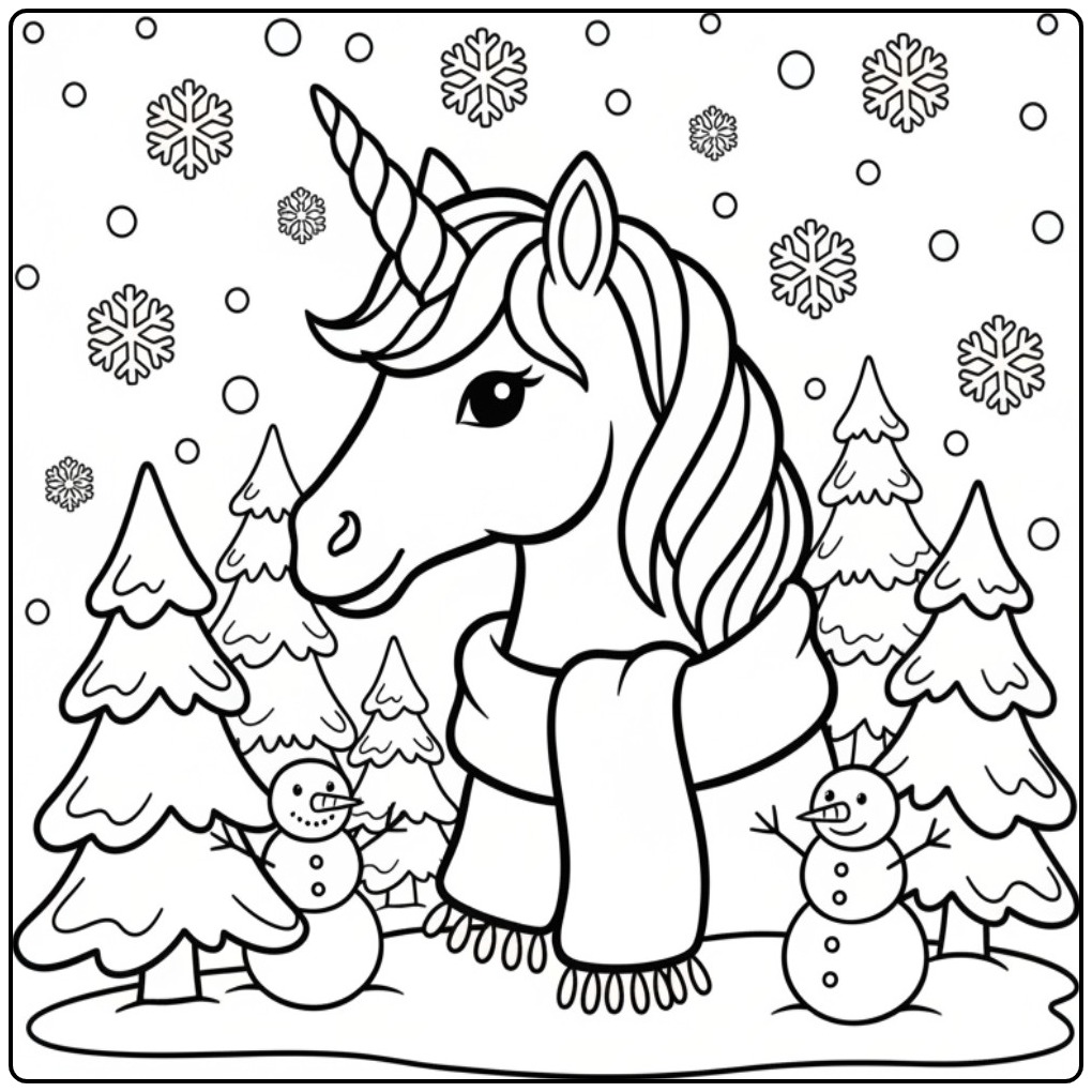 Wintry Unicorn Head with Scarf and Snow coloring page