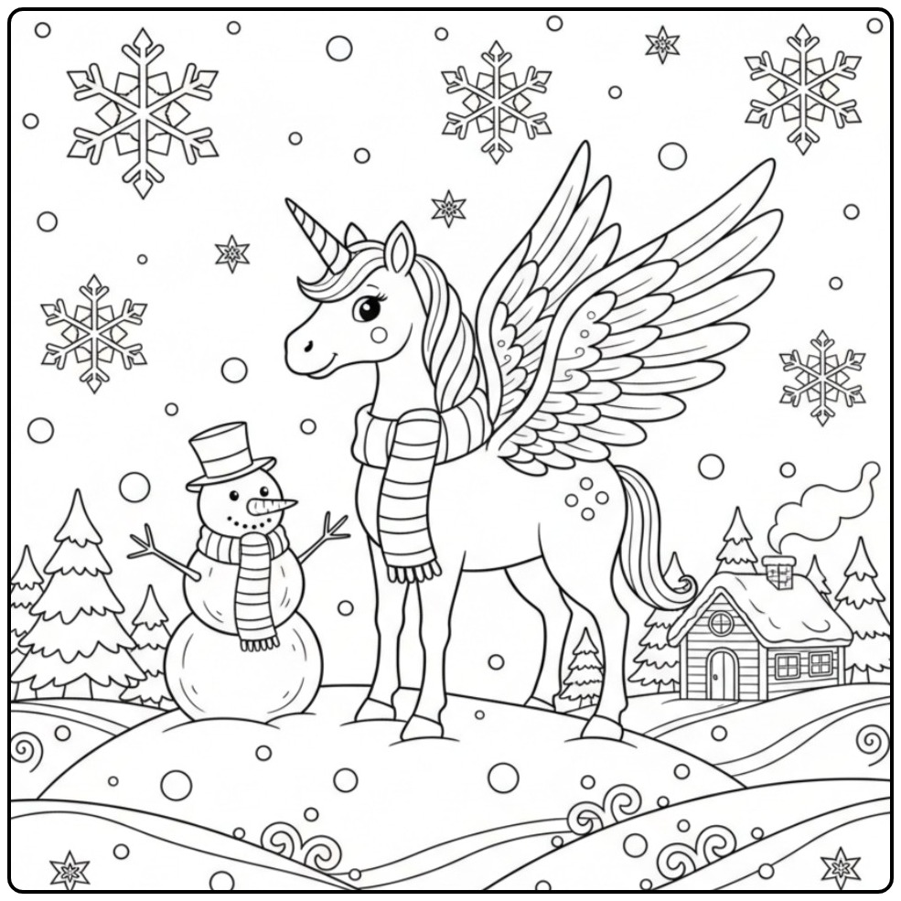 Wintry Unicorn with Wings and a Snowman coloring page