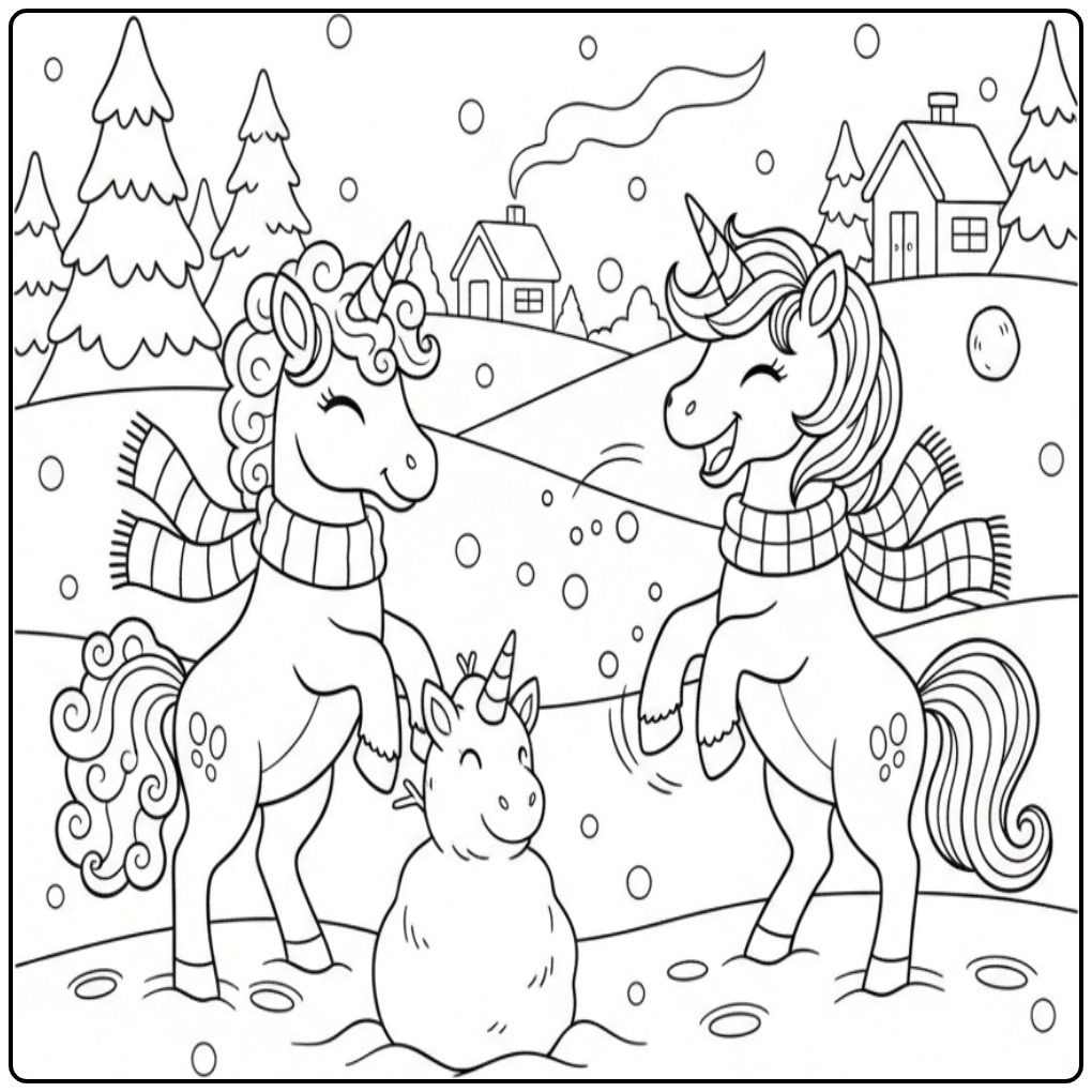 Wintry Unicorn Cute with Friends in the Snow coloring page