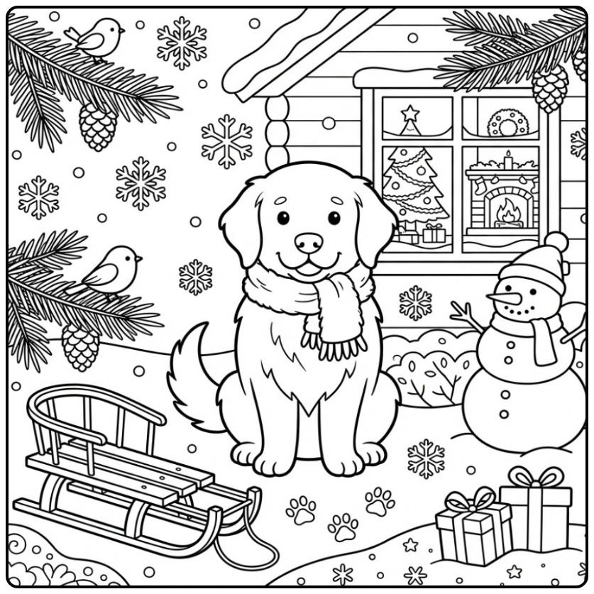 Wintry Golden Retriever with Sleigh and Snowman coloring page