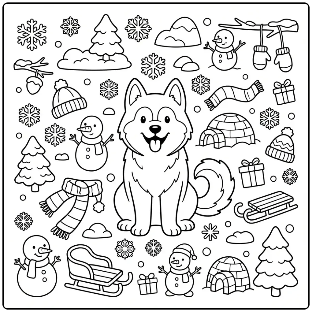 Winter Cute Dog with a Happy Husky coloring page