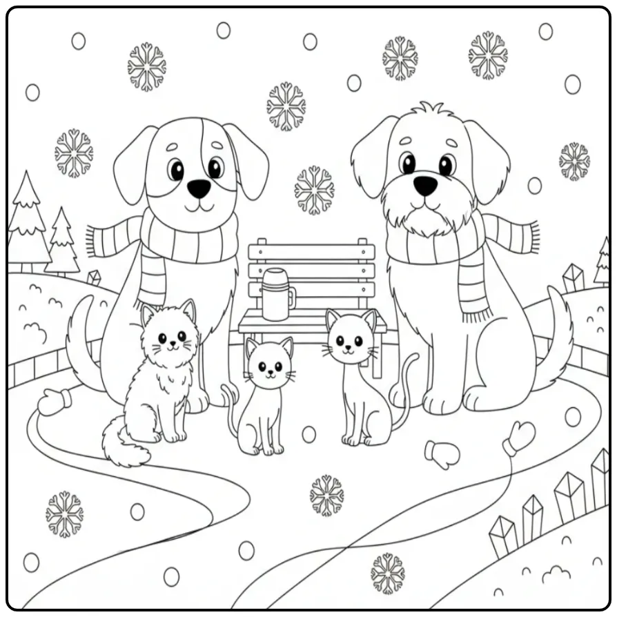 Dogs and Kittens Skating on a Frozen Canal coloring page
