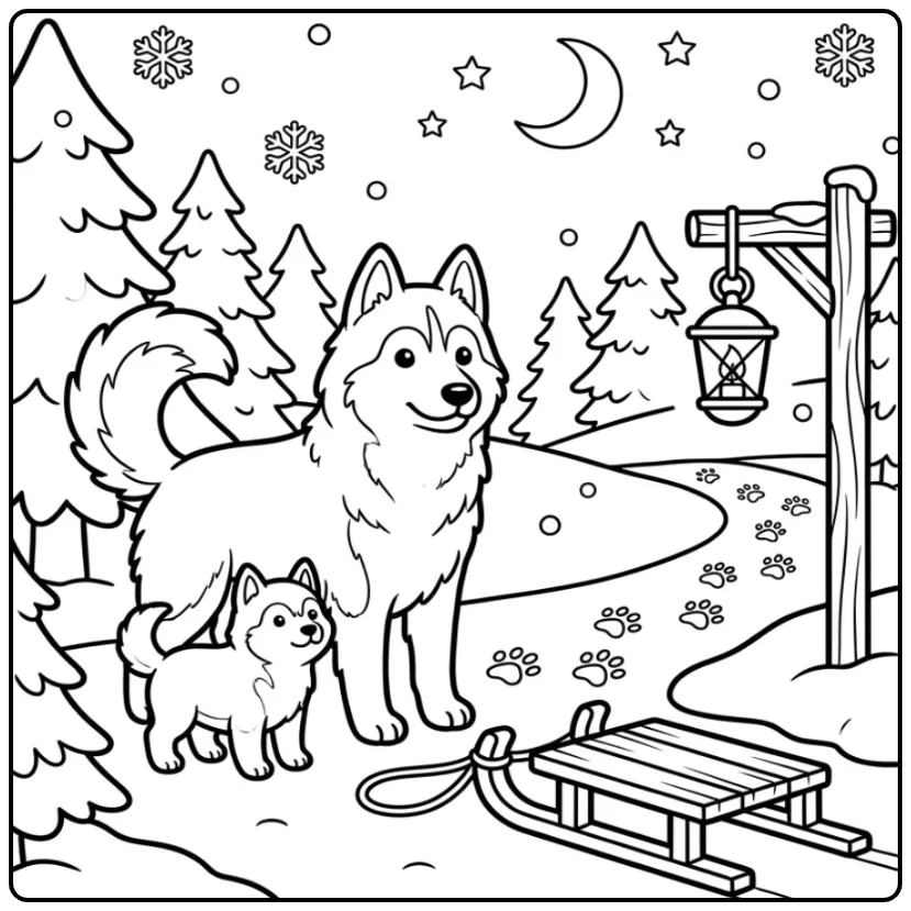 Husky and Puppy Finding a Sled in the Snow coloring page