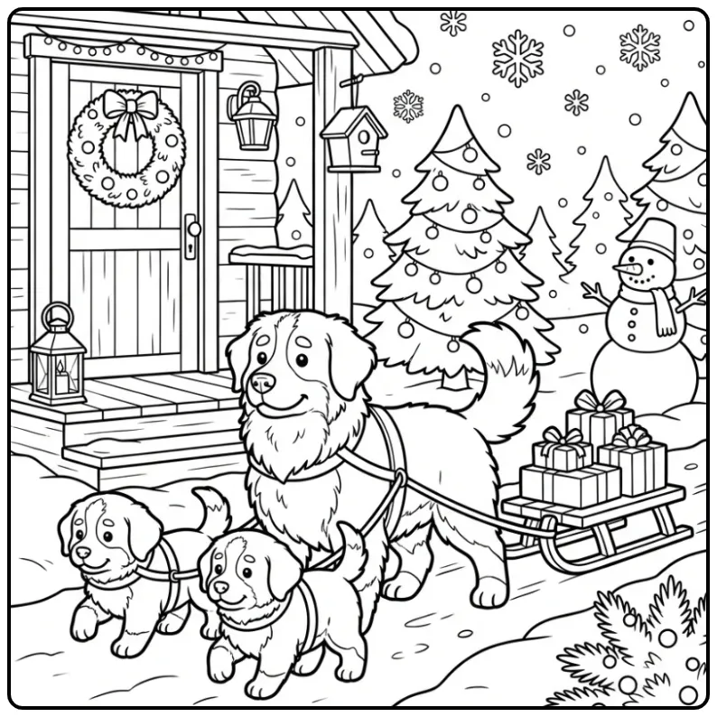 Bernese Mountain Dog and Puppies Pulling a Sled coloring page