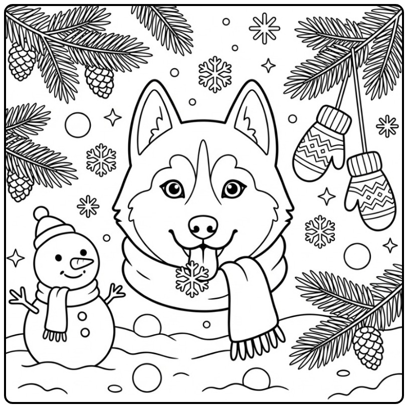 Husky Dog Head Catching a Snowflake coloring page