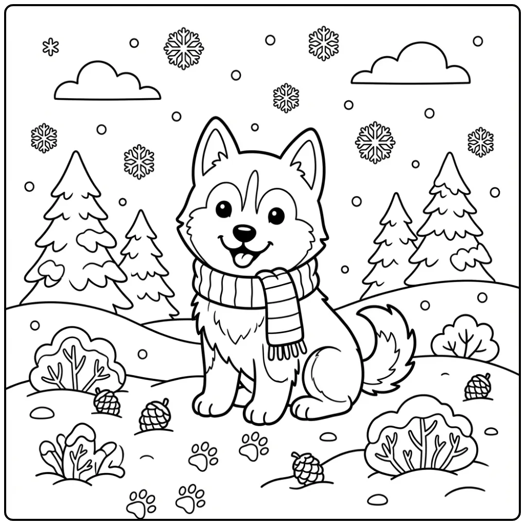 Winter Husky Puppy with a Scarf coloring page