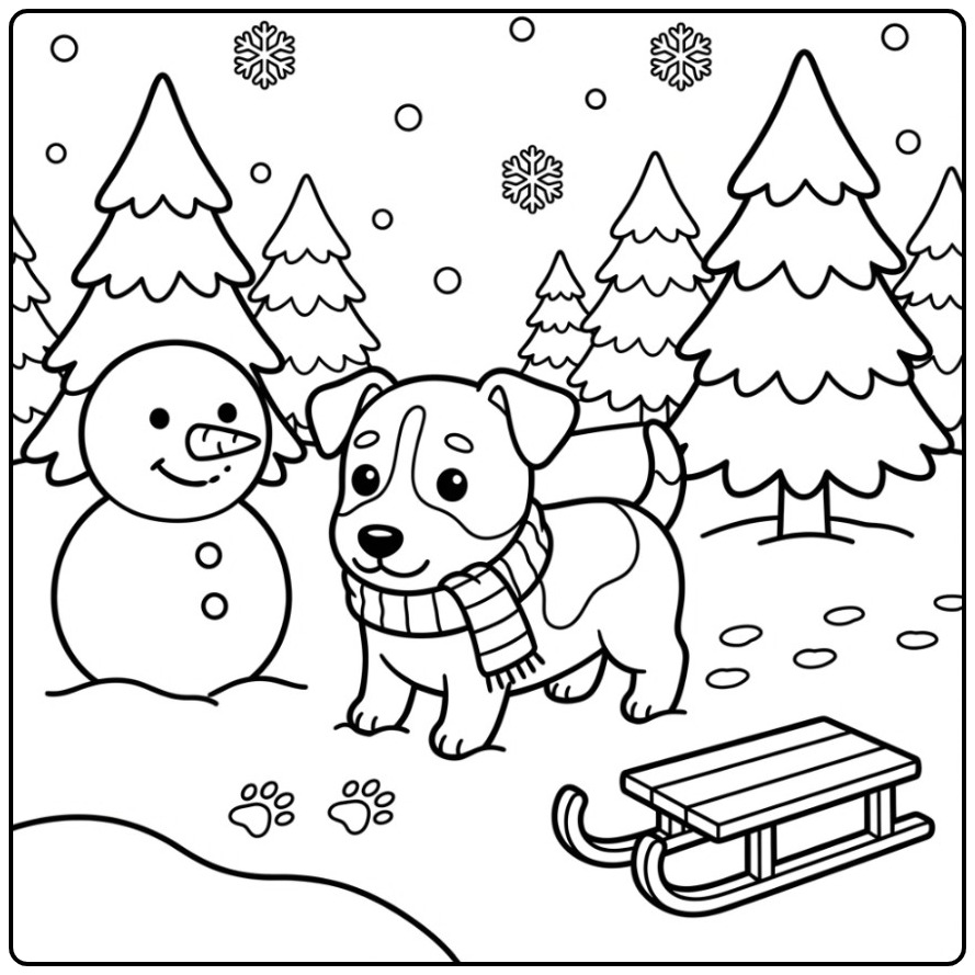 Winter Jack Russell with a Snowman and Sled coloring page