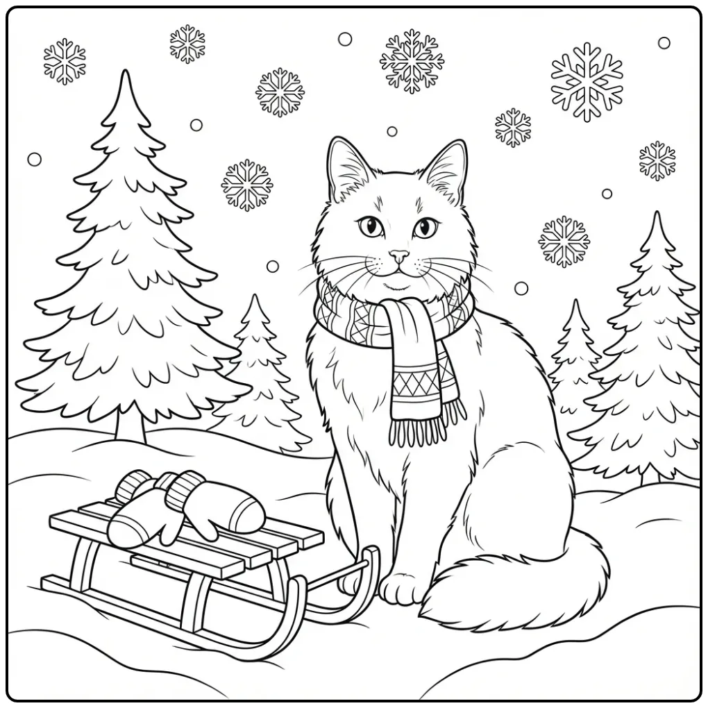 Cat coloring page in snow with mittens and pine trees