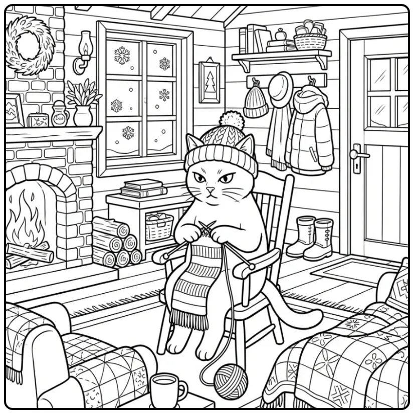 Difficult Cat coloring page knitting in a winter cabin