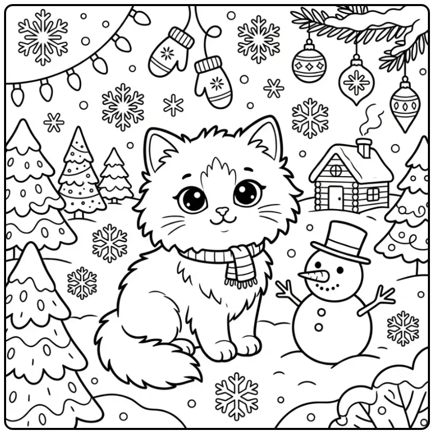 Winter Cute Kitten with Scarf coloring page