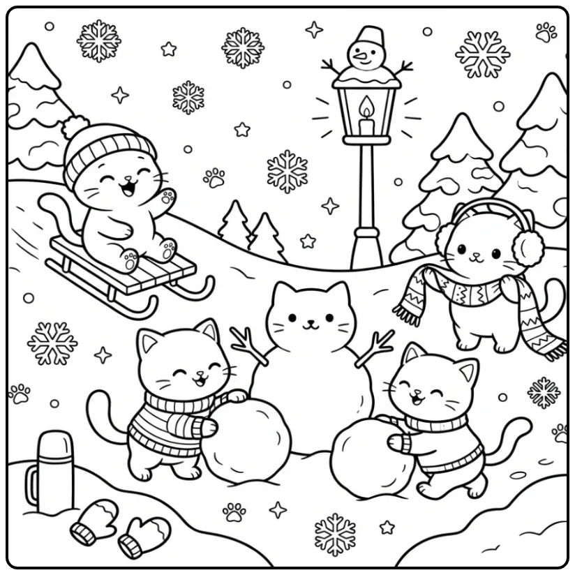 Winter Kittens with a Sled and Snowman coloring page