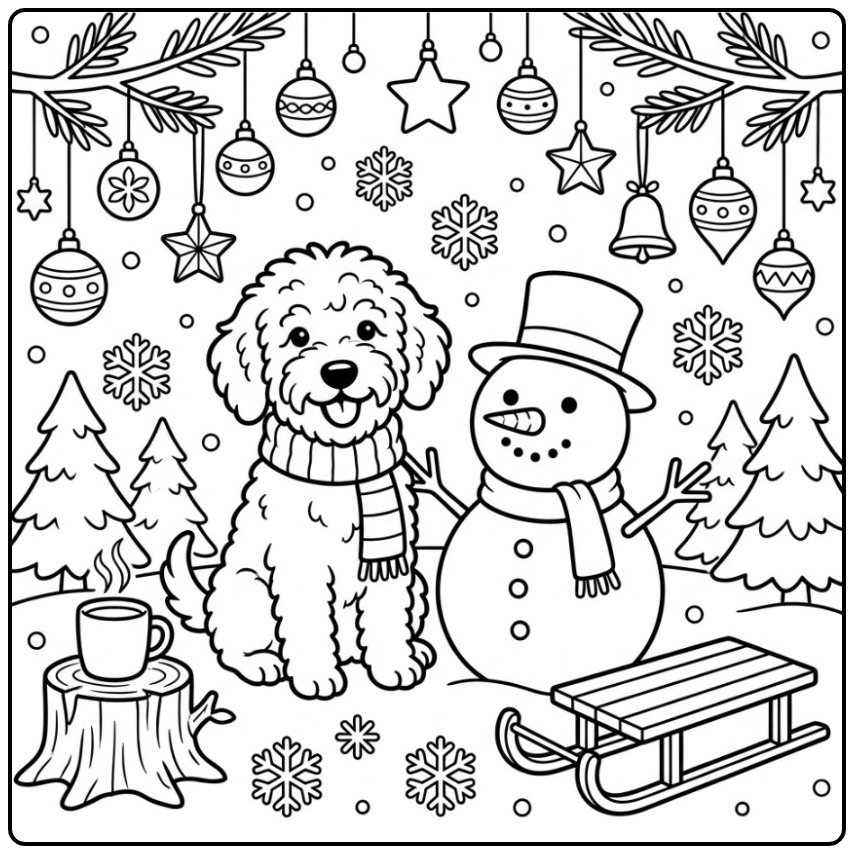 Winter Labradoodle with a Snowman coloring page