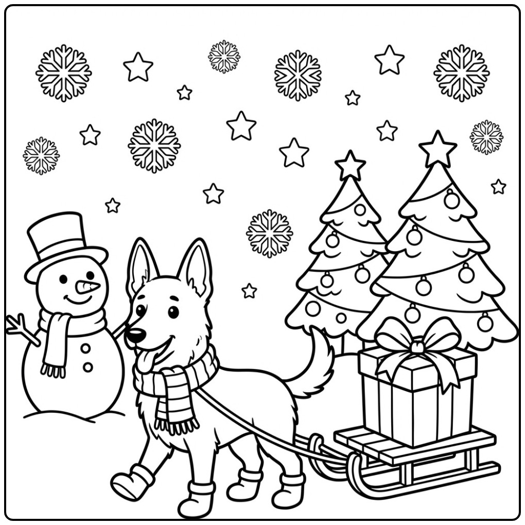 Belgian Malinois Pulling a Sled with a Gift coloring page