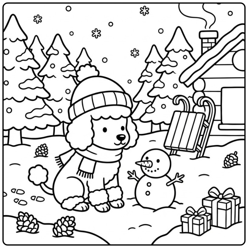 Wintry Poodle with Party Hat and a Small Snowman coloring page