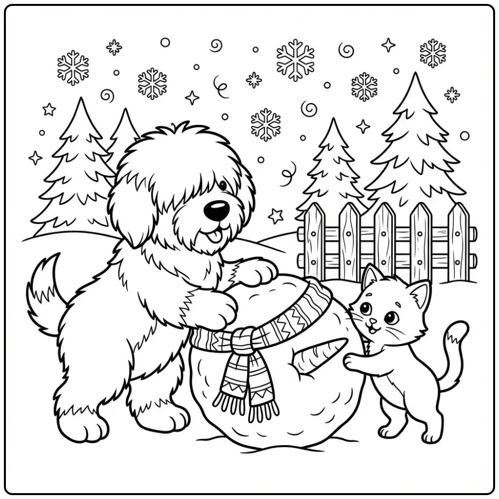 Old English Sheepdog Puppy and Kitten Building a Snowman coloring page