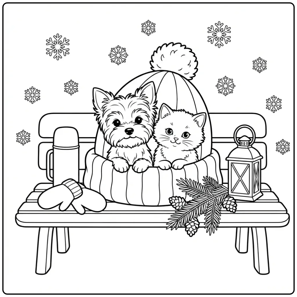 Yorkshire Terrier Puppy and Kitten in a Winter Hat coloring page