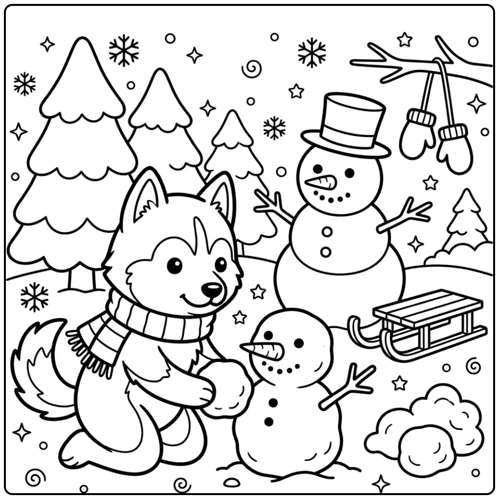 Winter Puppy with Sleigh and Pine Trees coloring page