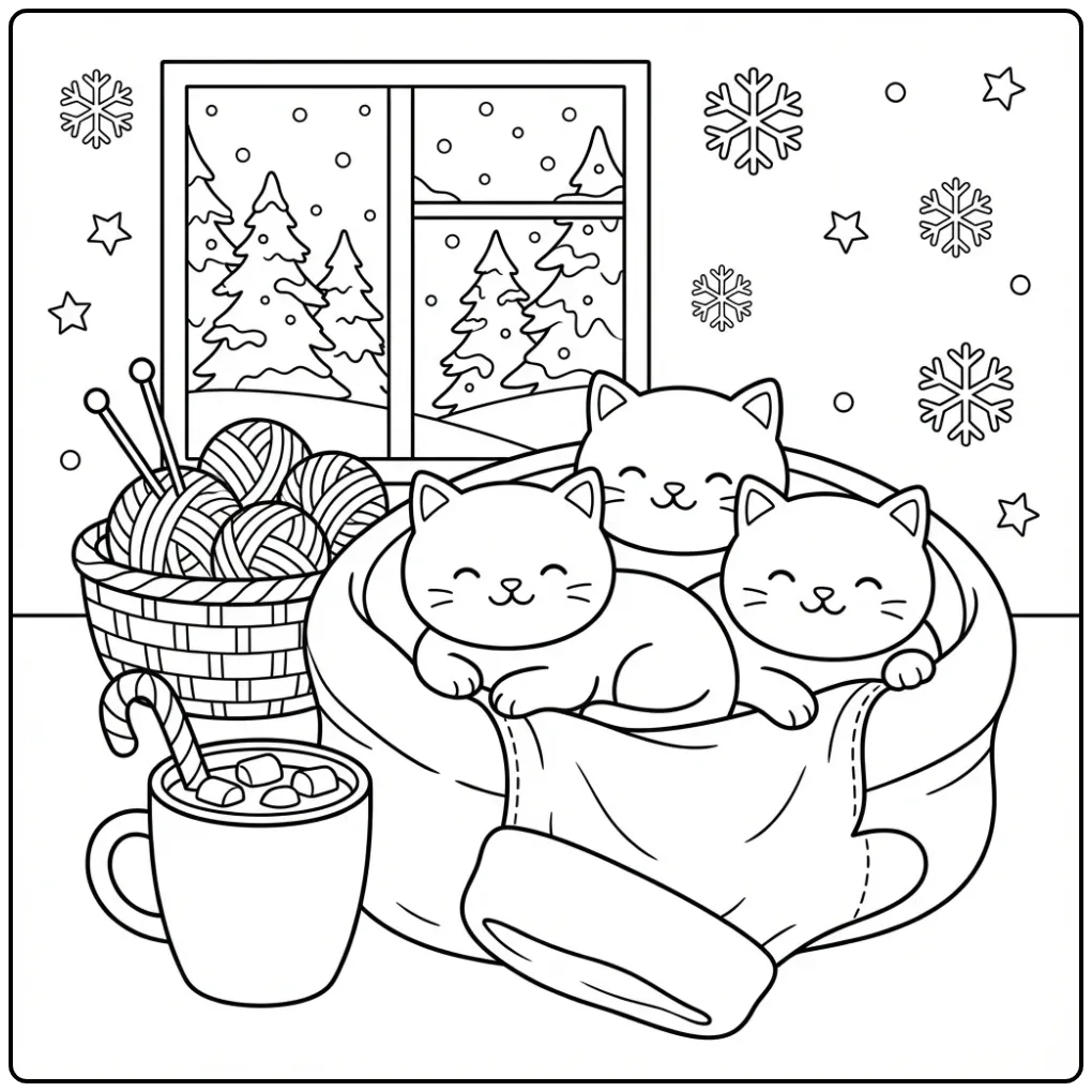 Winter Cute Kittens in a Soft Mitten coloring page
