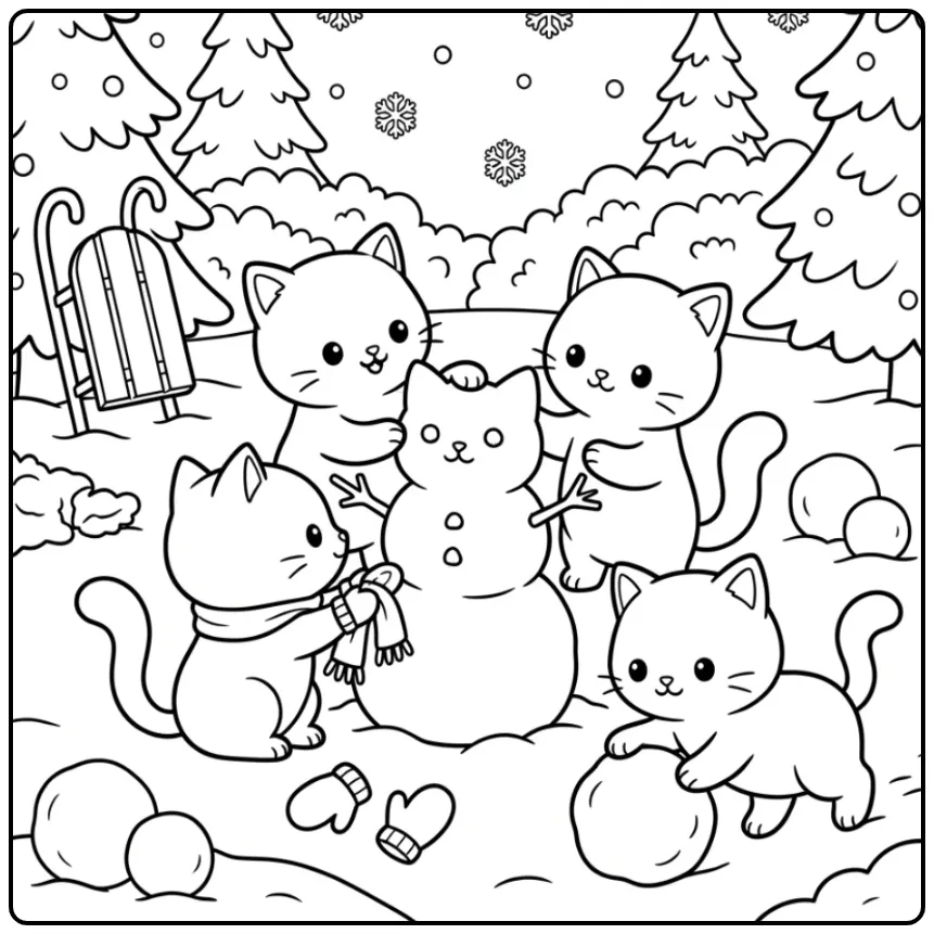 Winter Cute Kittens Playing in the Snow coloring page
