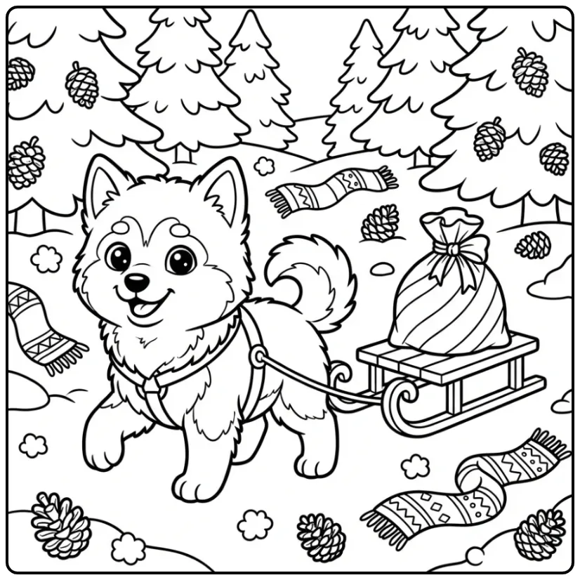 Winter Cute Puppy with Sleigh and Gifts coloring page