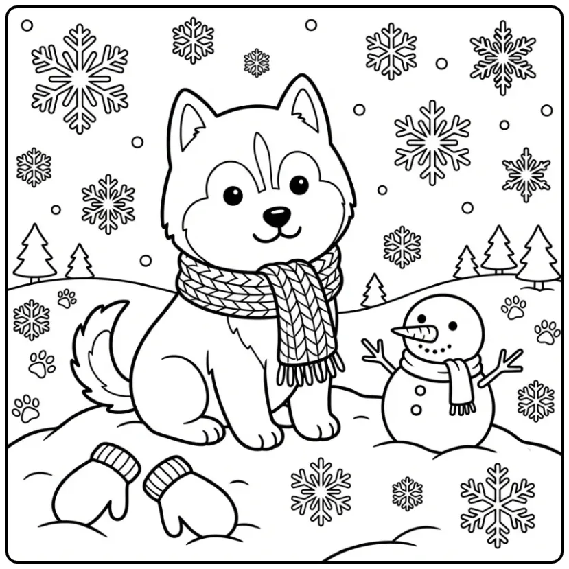 Winter Cute Puppy with Snowman coloring page