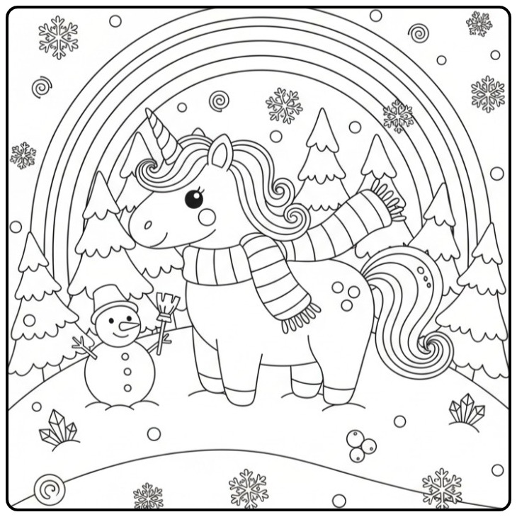 Wintry Unicorn Rainbow with a Cheerful Snowman coloring page