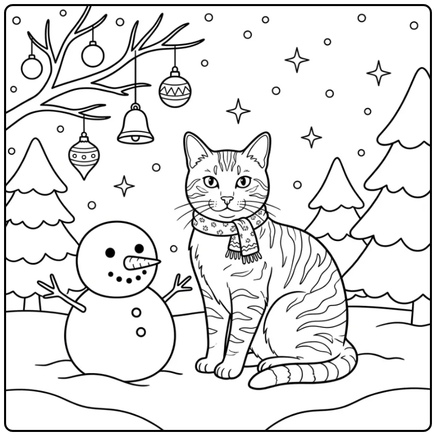 Cute Cat coloring page with scarf and snowman