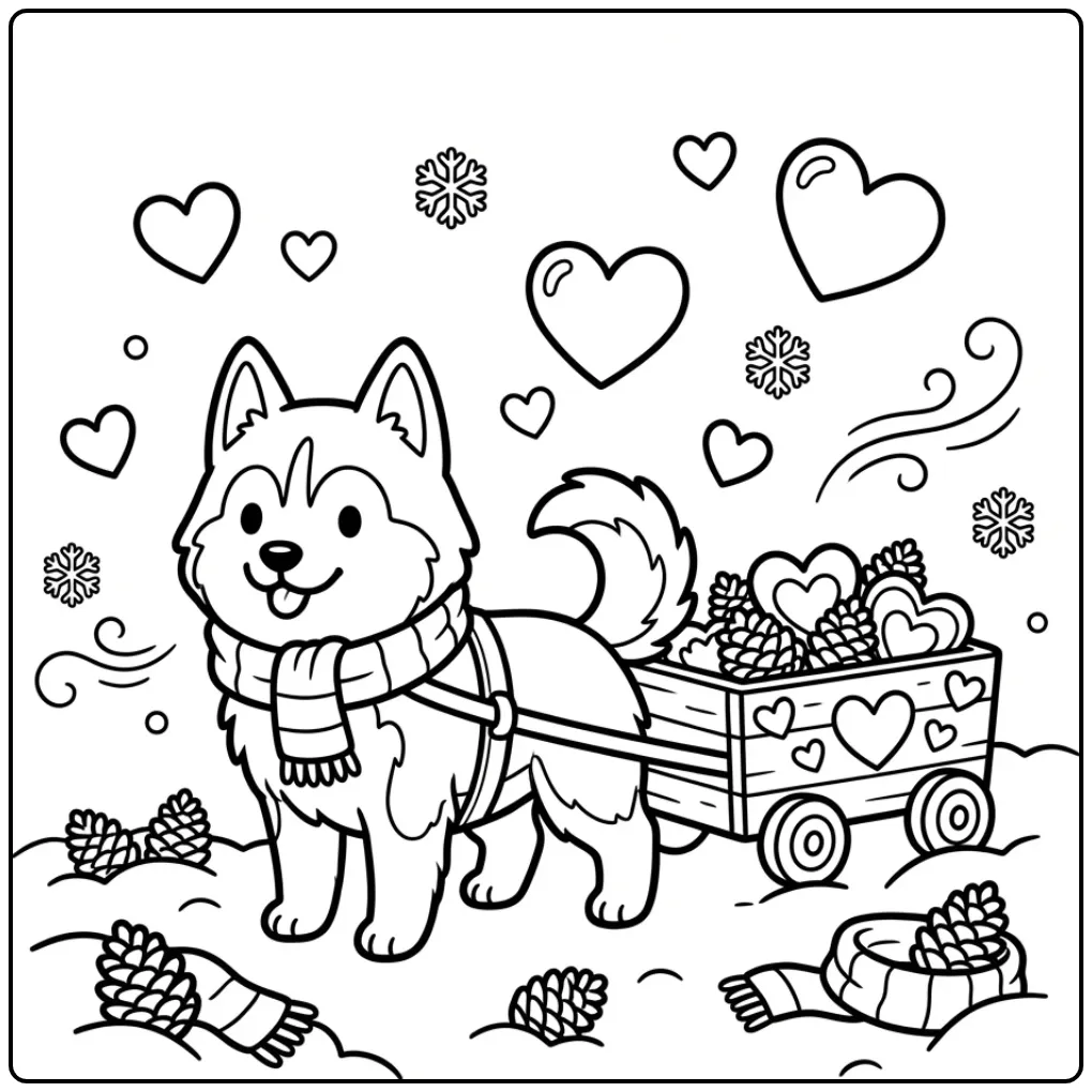 Siberian Husky Pulling a Heart-Decorated Cart coloring page