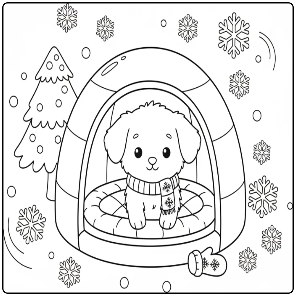 Puppy in a Snowy Igloo Doghouse coloring page