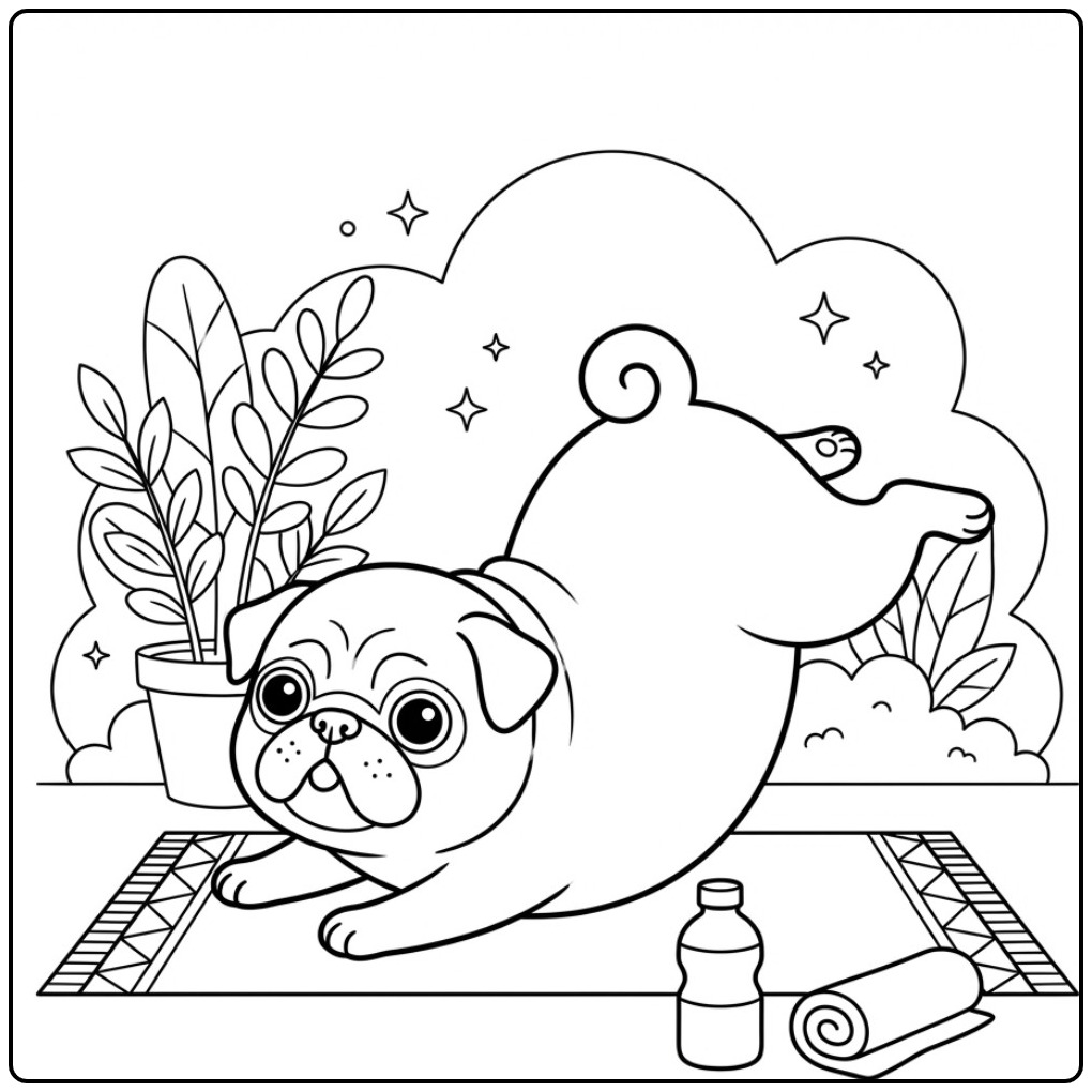 Yoga Practice with a Funny Pug coloring page