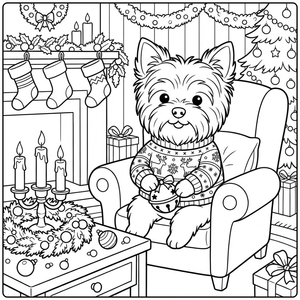 Yorkshire Terrier Christmas Dog with a Jingle Bell coloring page