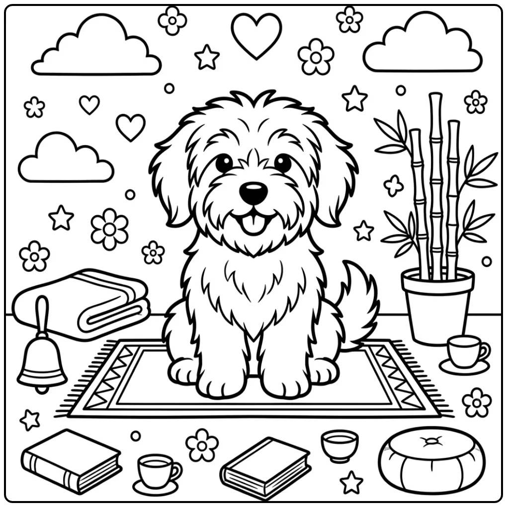 Zen Cute Puppy with Bamboo and Hearts coloring page
