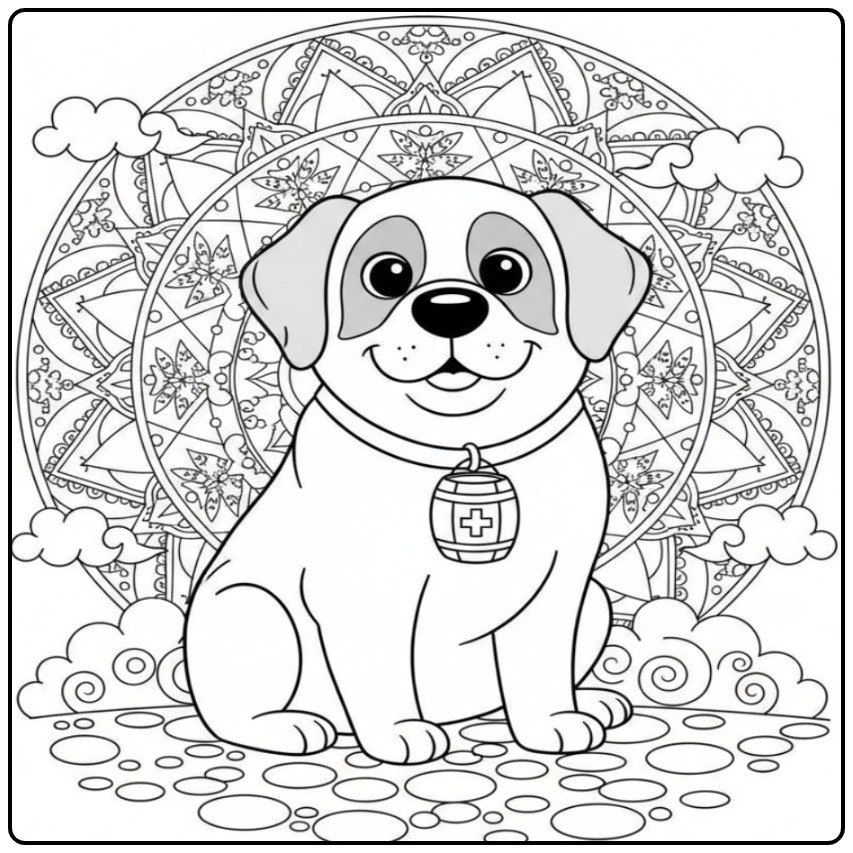 Saint Bernard Mandala Dog Mountain Rescue coloring page