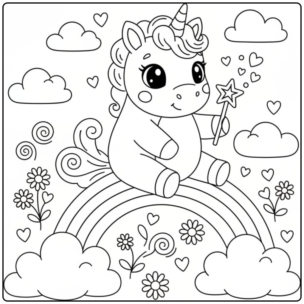 Sitting Baby Unicorn Rainbow Among the Clouds coloring page